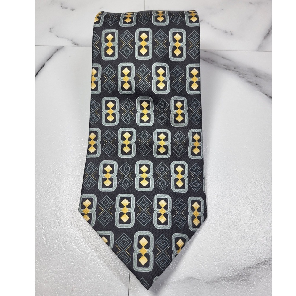 Carlos Devenezia Roma Barcelona Black Smooth Silk Tie Geometric Silver/Gold